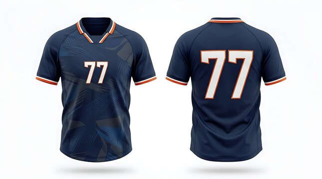 Front and Back View of a Blue Sports Jersey with Number 77.
