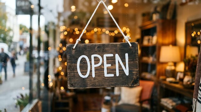 Rustic wooden open sign hanging on a shop door window