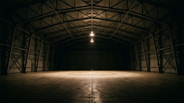 Large empty dark warehouse interior with a single bright light fixture hanging from the ceiling.