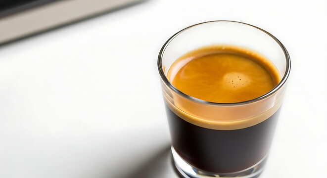 Freshly brewed espresso served in a clear glass cup on a minimalist white surface