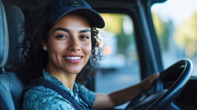 Hispanic woman delivery truck driver with confident expression showcasing professional transportation career and logistics industry expertise in commercial vehicle operation