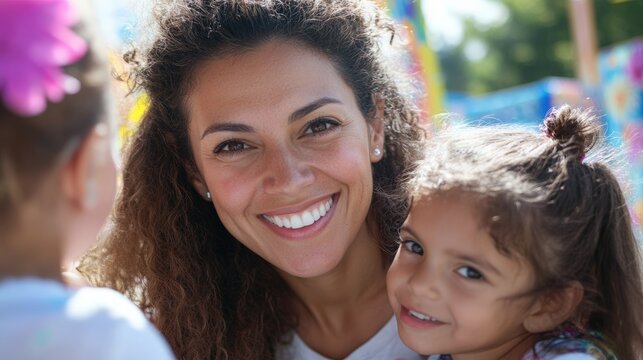 Hispanic woman volunteer interacting with children at community festival with face painting booth showcasing joyful cultural celebration and family entertainment event