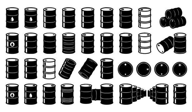Petroleum oil drum silhouette vector set with black steel barrels fuel containers and industrial energy industry symbols