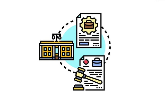 Icon the process of adhering to laws, with documents, a courthouse, and a gavel representing legal frameworks, justice, rules, and business regulations