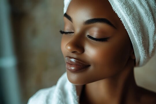 Peaceful African woman with towel wrapped around head enjoying luxurious skincare treatment at premium beauty salon perfect for self-care and wellness brand marketing