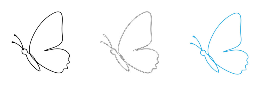 Set of three minimalist butterfly outline illustrations in black and blue line art style isolated on white