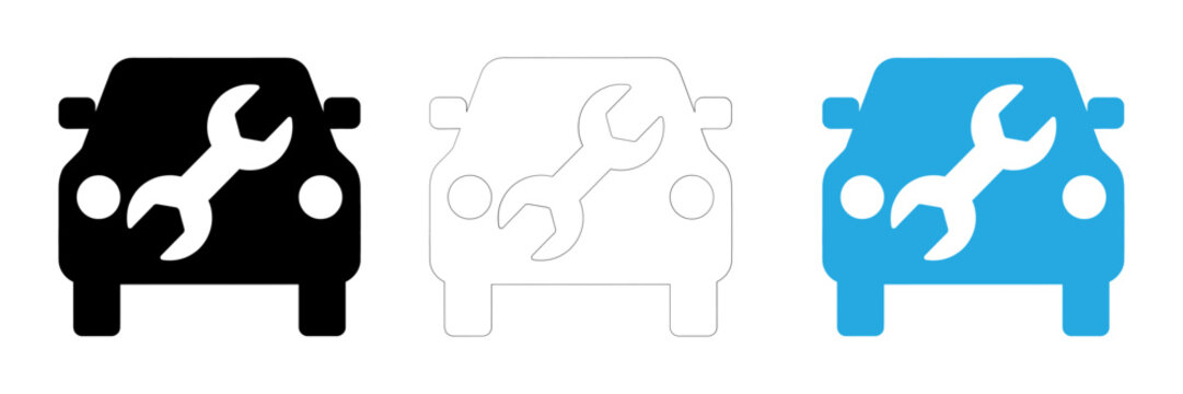 Set of car repair service icons with wrench symbols in black outline and blue flat design styles