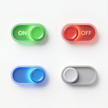 Realistic toggle switch set with on and off states. Green, red, blue, and gray glossy slider buttons. 3D style interface elements with glow effects for web UI design.