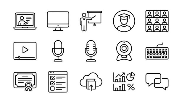 E learning technology outline icon set with online teacher laptop video classroom and digital education symbols