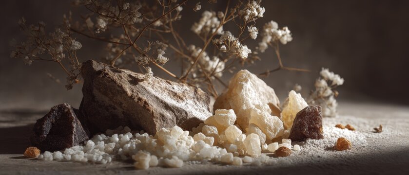 Tragacanth gum displayed in a carefully arranged scene with visible texture and natural elements, perfect for Zen minimalism and cultural tradition storytelling content.