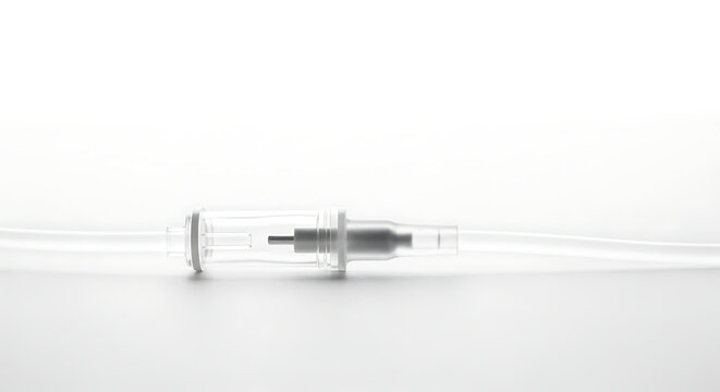 Transparent intravenous drip chamber set against clean white background for medical healthcare