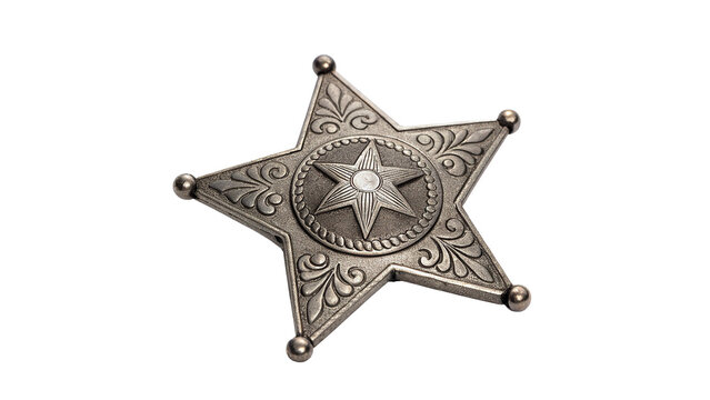 Vintage metallic silver cowboy sheriff star badge isolated on a white background