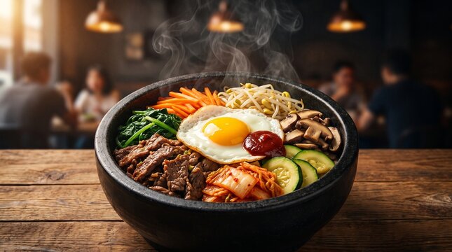 Traditional Korean Bibimbap Rice Bowl with Beef and Vegetables