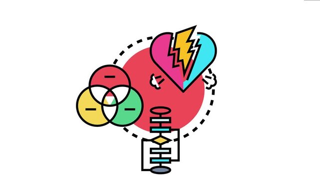 Adjacency rule concept broken relationships, negative connections, boundaries, and decision making processes with flowchart elements and a venn diagram