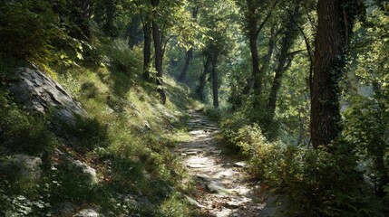 Fototapeta premium A serene trail winds through a lush, sunlit deciduous forest.