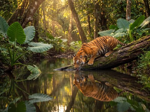 Majestic Tiger Drinks from Forest Stream, Reflected in Calm Water Amidst Lush Tropical Jungle