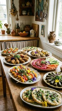 Mediterranean mezze and appetizers on rustic wooden table