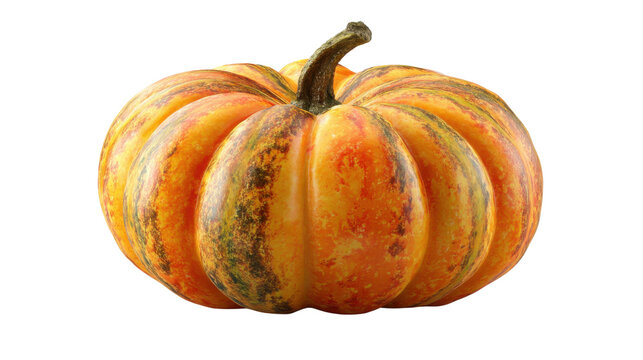 Whole ribbed pumpkin with orange and yellow marbled skin and curved brown stem, autumn harvest vegetable on white background