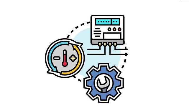 Smart meter control panel connecting with a temperature adjustment icon and a settings gear, depicting system calibration and technical service