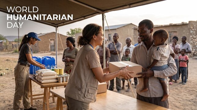 Volunteers distributing food boxes to refugee family in outdoor camp area for world humanitarian day relief mission