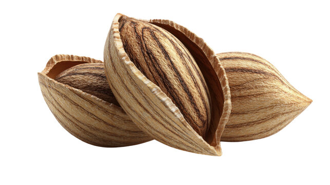 Cracked pili nut shells with striped wood texture pattern, exotic tropical nut husk close up on white background