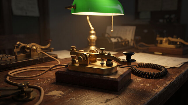 Antique brass telegraph key on a wooden desk with a green banker's lamp
