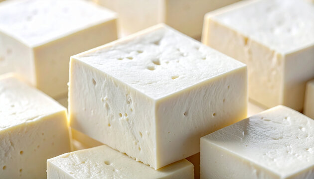 Fresh white tofu showing its silky smooth surface and subtle natural pores, delicate moisture and food texture, clean minimalist composition. Close-up.