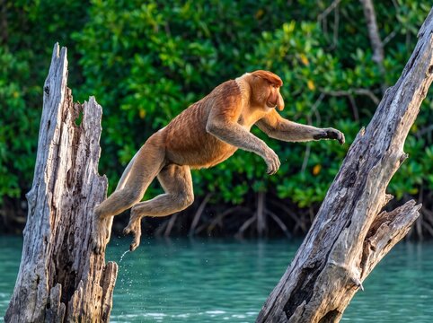 Proboscis Monkey Leaping Gracefully Between Mangrove Trees Over Turquoise Water in Borneo