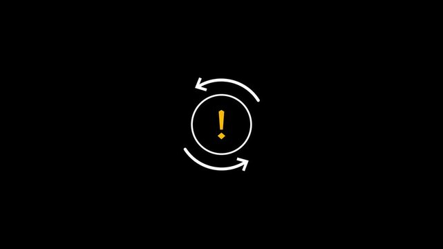 Exclamation mark icon animation with white rotating arrows animation. Exclamation mark in white circle, symbolizing failure, error, and no results found, for technology and communication.