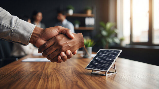 Two business people shaking hands over a miniature solar panel on a desk