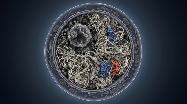 Cell nucleus structure with chromosomes and nucleolus scientific illustration
