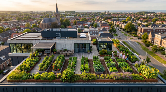 Lush green roof garden with vegetable beds and people enjoying the space overlooking a city
