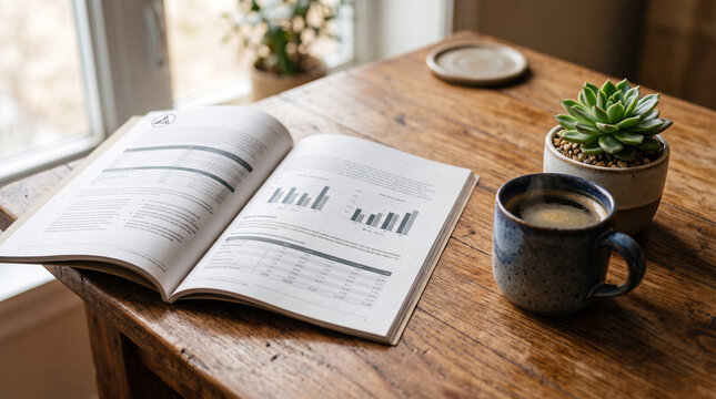An open impact report with charts on a wooden table next to a coffee mug
