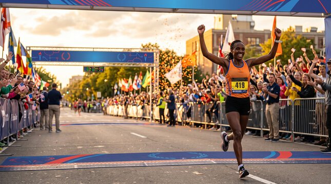 Female marathon runner celebrating as she crosses the finish line with a cheering crowd