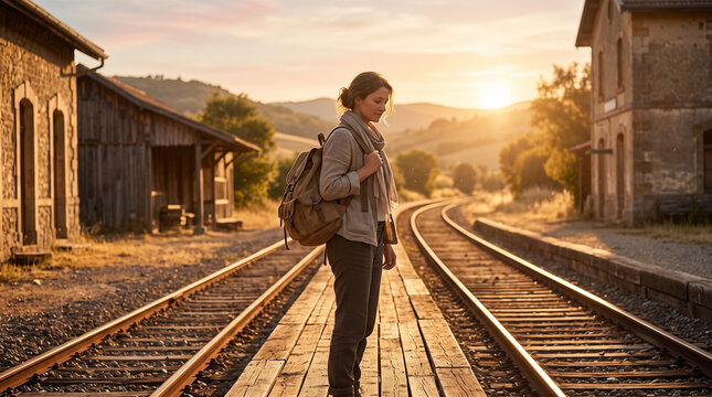 Woman with a backpack standing on abandoned train tracks at sunset