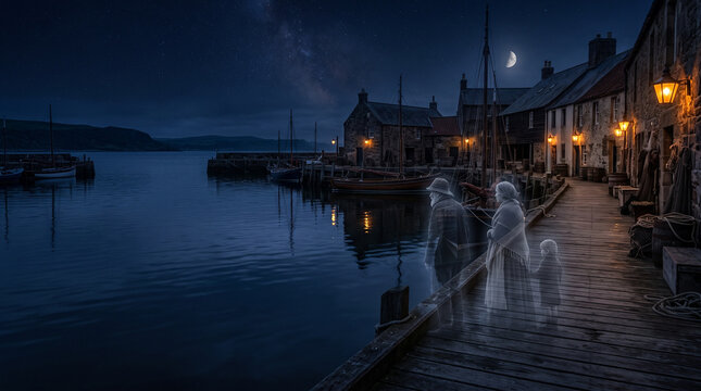 Ghostly figures of a family standing on a wooden pier in an old fishing village at night