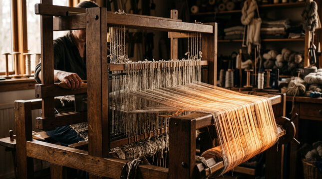 A weaver working on a traditional wooden loom bathed in warm sunlight