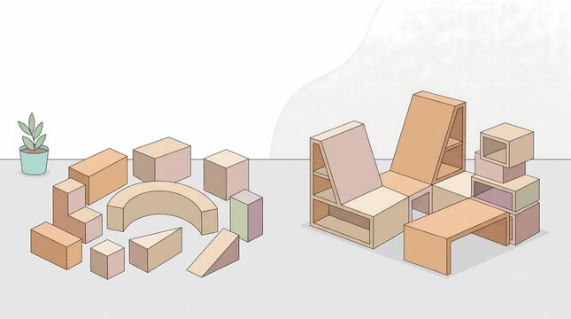 Illustration showing unassembled modular blocks and then assembled into furniture