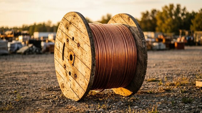 Large wooden cable reel with heavy copper electrical wire outdoors.
