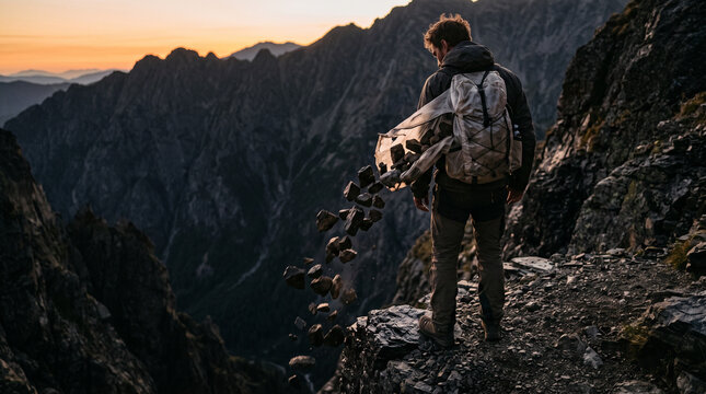 Hiker releasing heavy rocks from a backpack over a mountain cliff edge