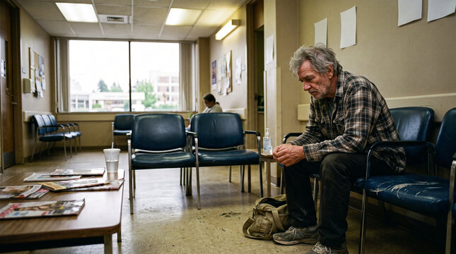 Senior man sitting anxiously in an empty hospital waiting room