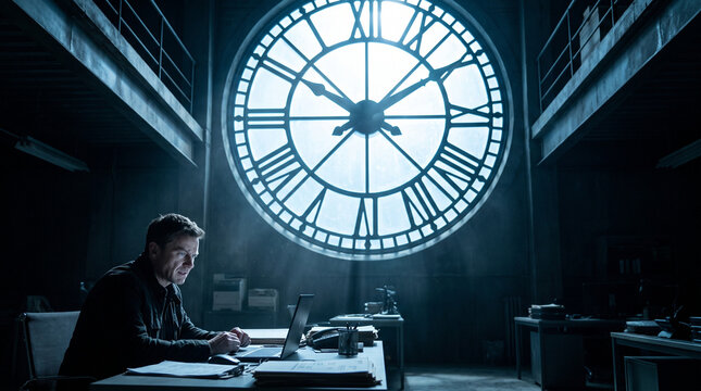Businessman working late at a laptop under a giant illuminated clock window