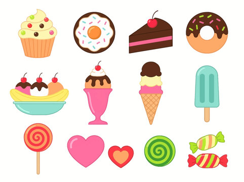 Colorful Cartoon Dessert Icons and Sweet Treats Set