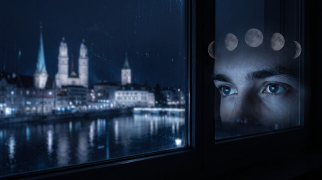 Man looking out window at night with moon phases representing insomnia