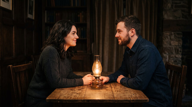 Couple having a serious conversation at a wooden table lit by an oil lamp
