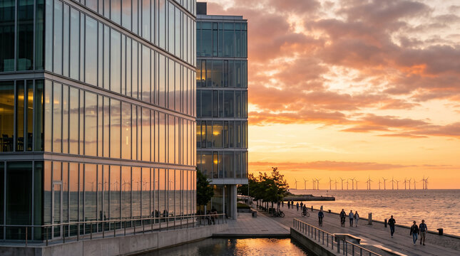 Offshore wind farm at sunset reflected in modern glass office buildings