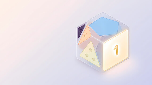 Translucent geometric die with a glowing number one on a pastel background