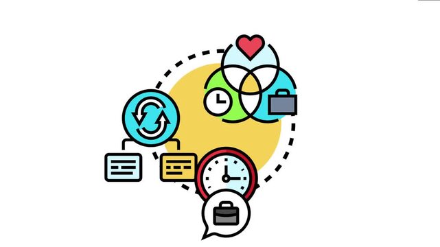 Adjustable work hours concept work life balance, flexibility, and personalized scheduling through an infographic with icons representing time, job responsibilities, and well being