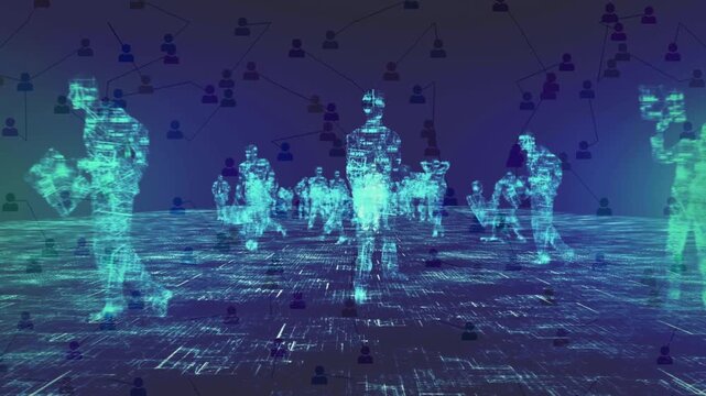 Virtual reality digital crowd concept featuring glowing human silhouettes within a matrix data network grid landscape.