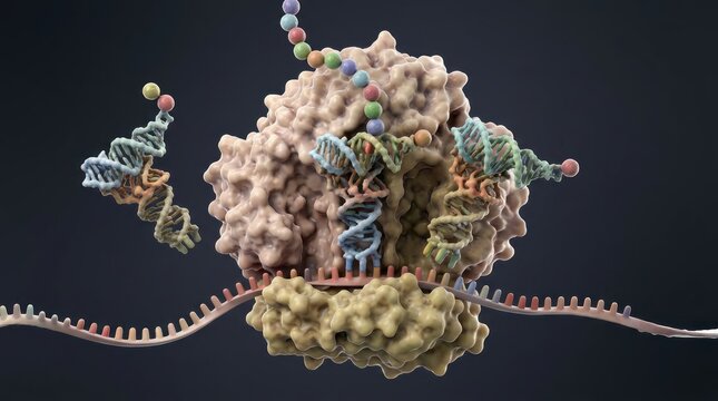 Complex molecular machine synthesizing protein chain with genetic code